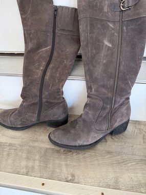 Born Tall Suede Zip-Front Riding Boots in Taupe Brown